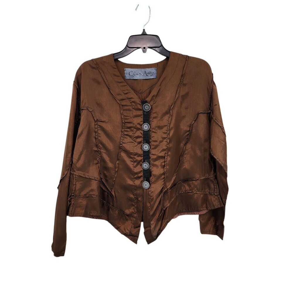 Cynthia Ashby Women's Stylish Button Front V-neck Satin Lightweight Blouse